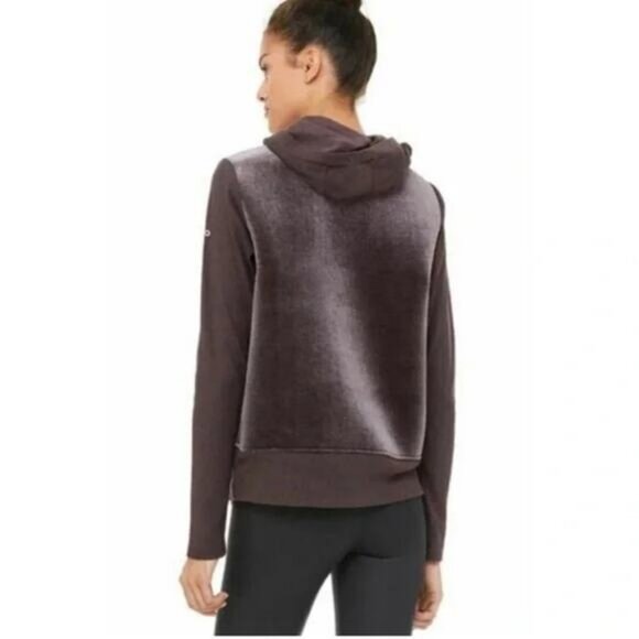NWT ALO YOGA Luxe Long Sleeve Velour Hoodie Sweatshirt Size Small In Raisin - Picture 4 of 10